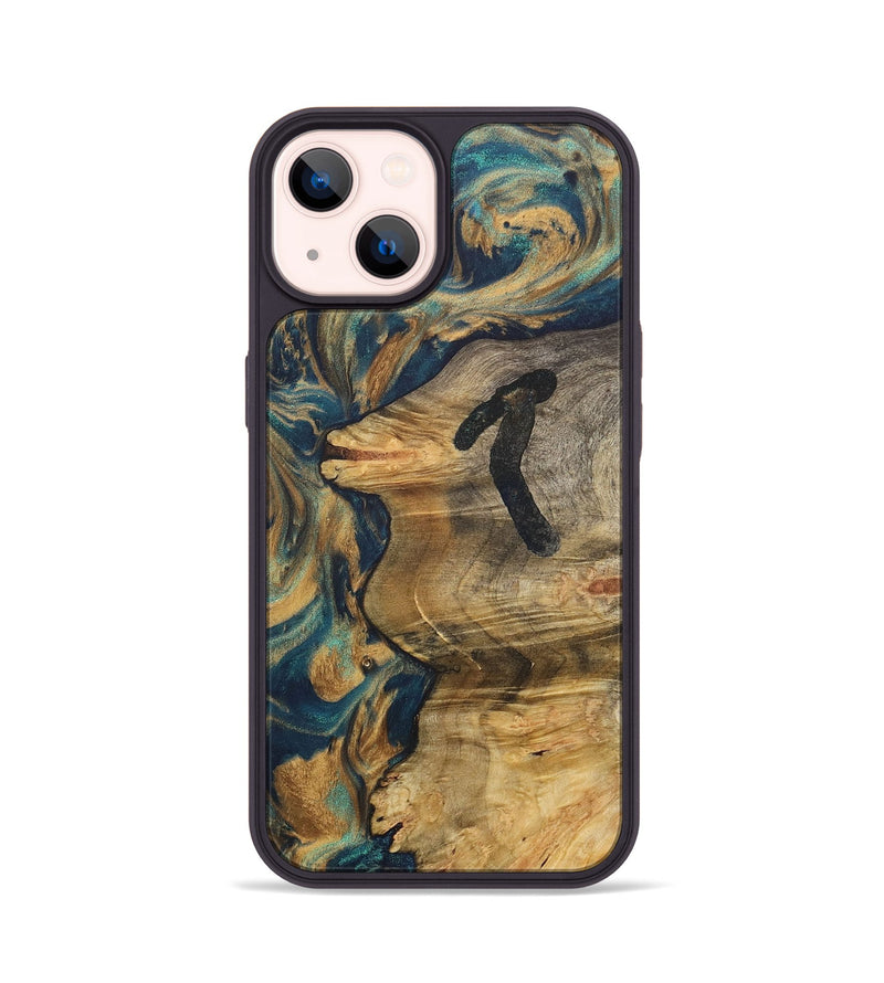 iPhone 14 Wood+Resin Phone Case - Hallie (Teal & Gold, 715004)