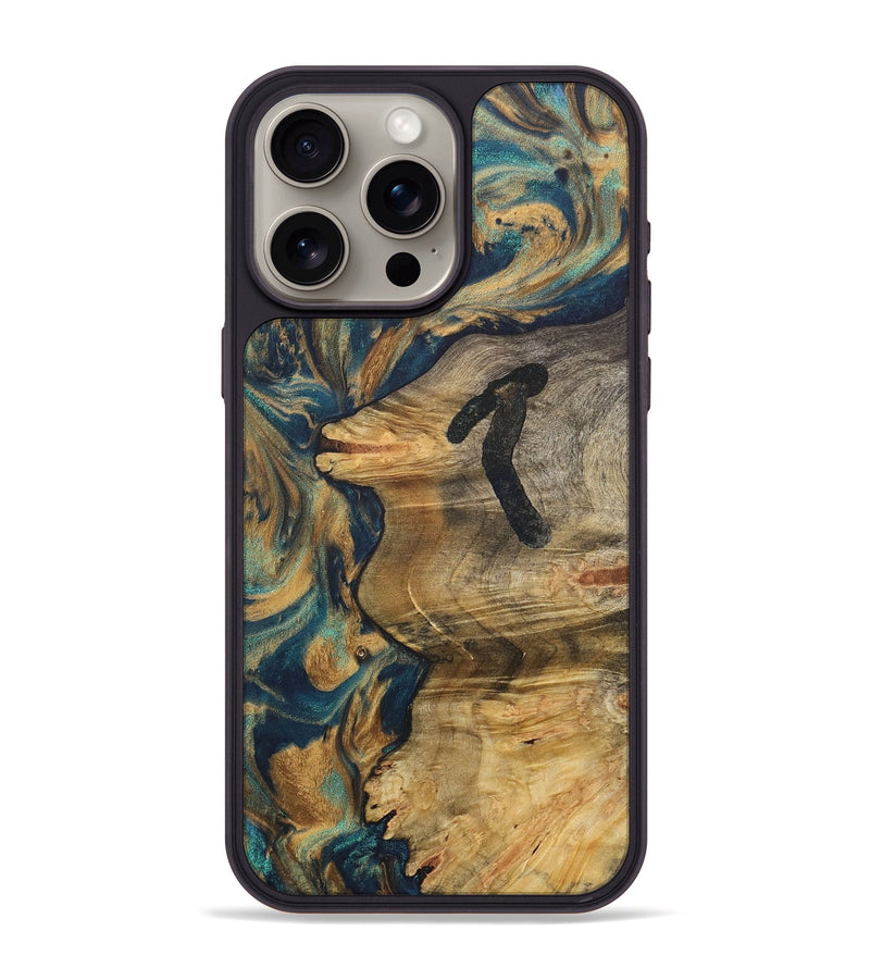 iPhone 15 Pro Max Wood+Resin Phone Case - Hallie (Teal & Gold, 715004)