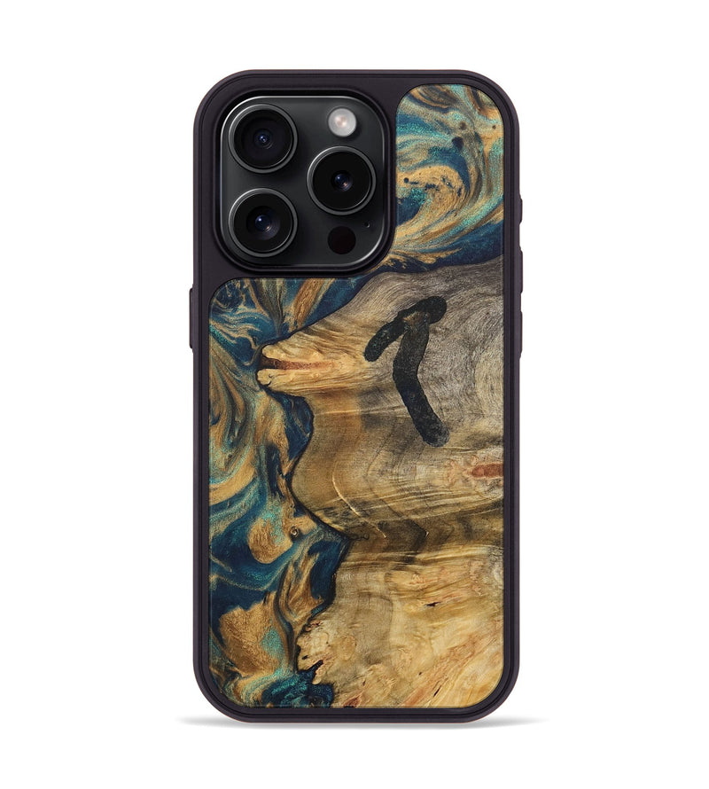 iPhone 15 Pro Wood+Resin Phone Case - Hallie (Teal & Gold, 715004)