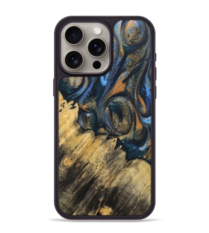 iPhone 15 Pro Max Wood+Resin Phone Case - Cara (Teal & Gold, 715196)