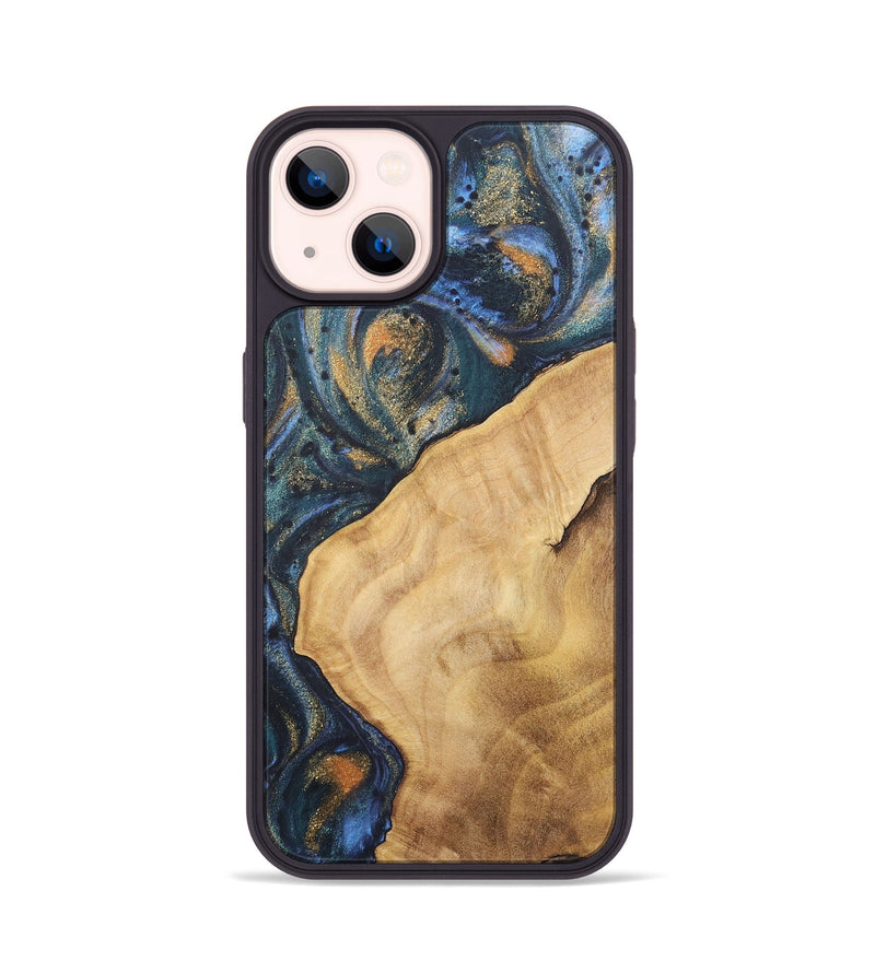 iPhone 14 Wood+Resin Phone Case - Katelyn (Teal & Gold, 715201)