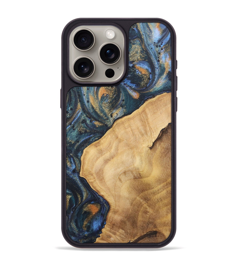 iPhone 15 Pro Max Wood+Resin Phone Case - Katelyn (Teal & Gold, 715201)