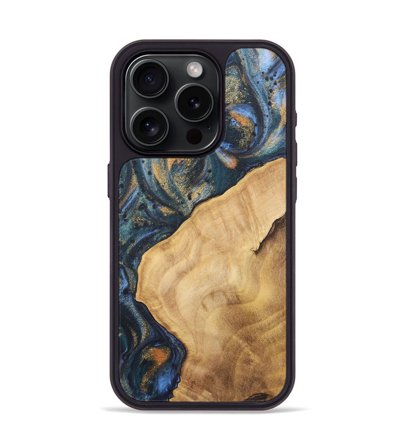 iPhone 15 Pro Wood+Resin Phone Case - Katelyn (Teal & Gold, 715201)