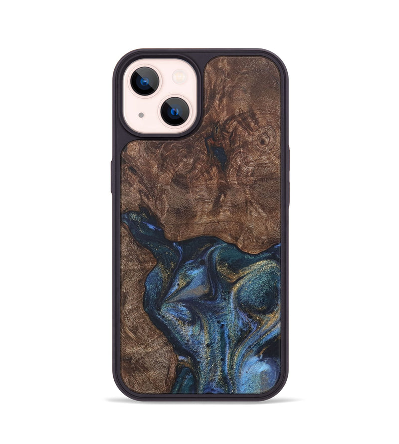 iPhone 14 Wood+Resin Phone Case - Janelle (Teal & Gold, 715203)