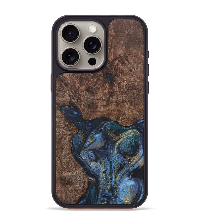 iPhone 15 Pro Max Wood+Resin Phone Case - Janelle (Teal & Gold, 715203)