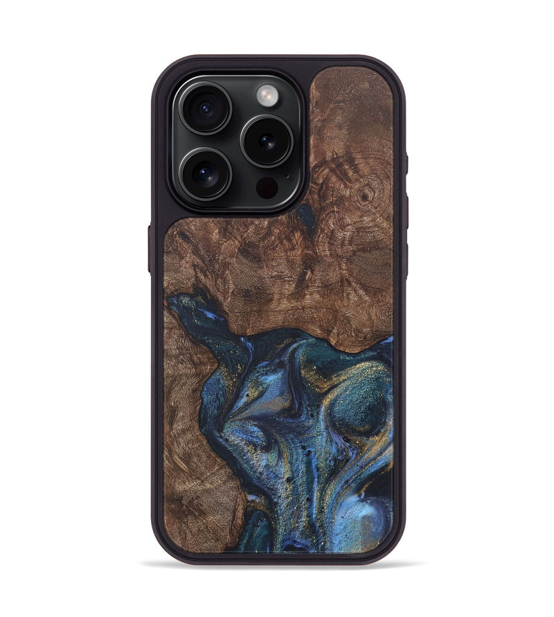 iPhone 15 Pro Wood+Resin Phone Case - Janelle (Teal & Gold, 715203)