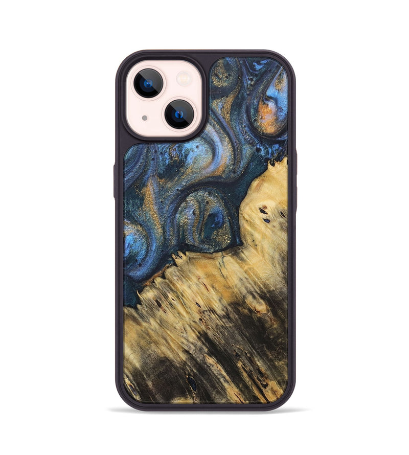 iPhone 14 Wood+Resin Phone Case - Peter (Teal & Gold, 715205)