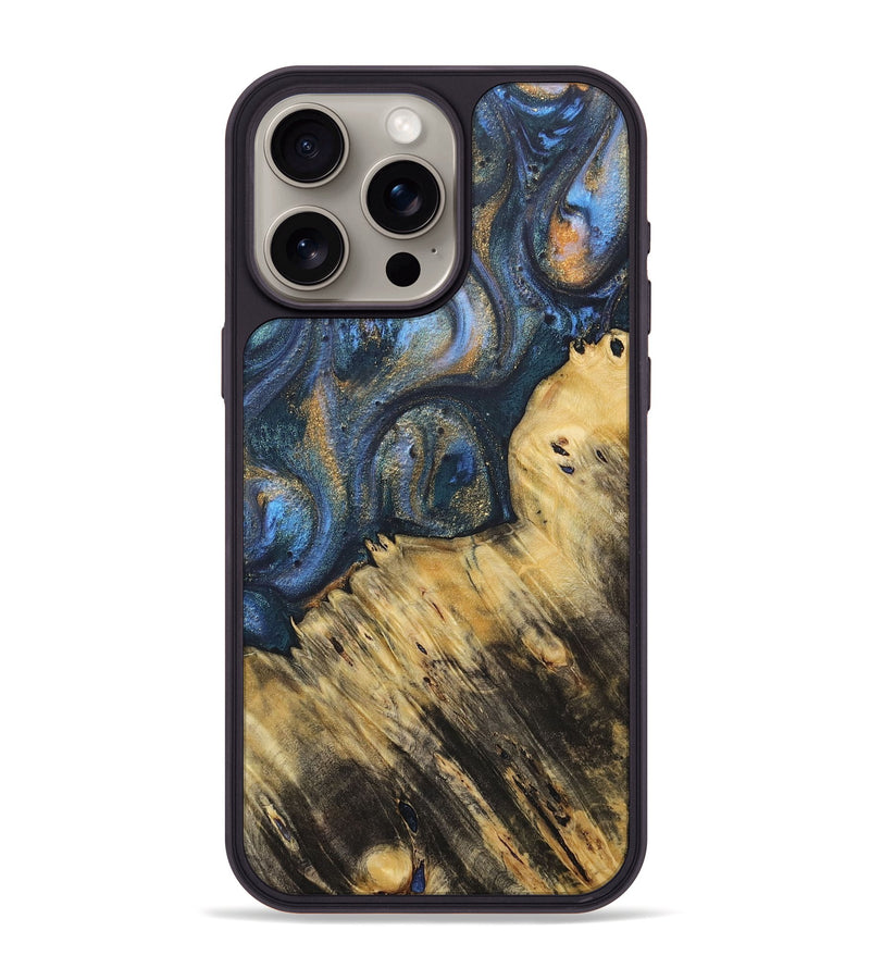 iPhone 15 Pro Max Wood+Resin Phone Case - Peter (Teal & Gold, 715205)