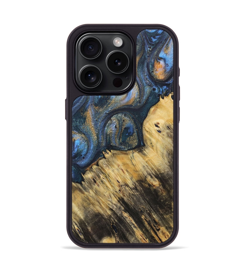 iPhone 15 Pro Wood+Resin Phone Case - Peter (Teal & Gold, 715205)