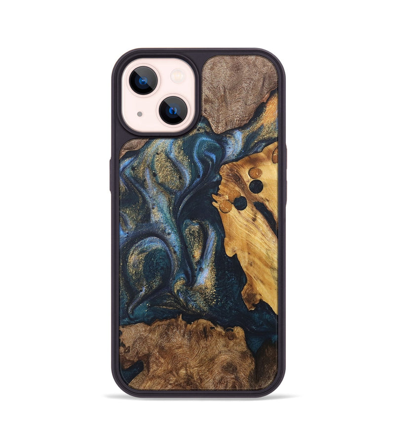 iPhone 14 Wood+Resin Phone Case - Mickey (Teal & Gold, 715208)