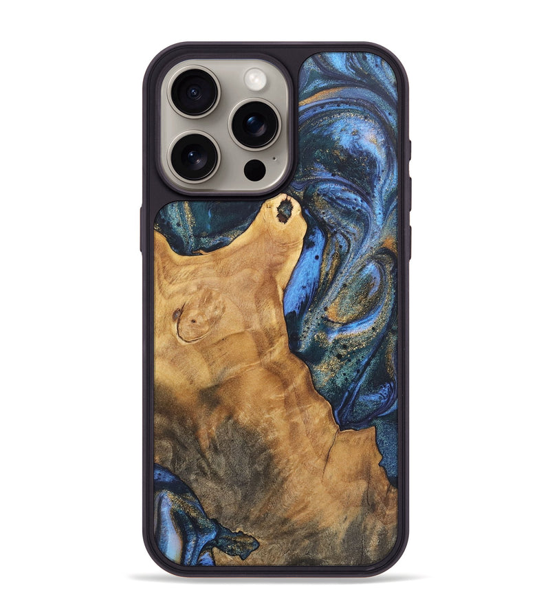 iPhone 15 Pro Max Wood+Resin Phone Case - Bria (Teal & Gold, 715214)