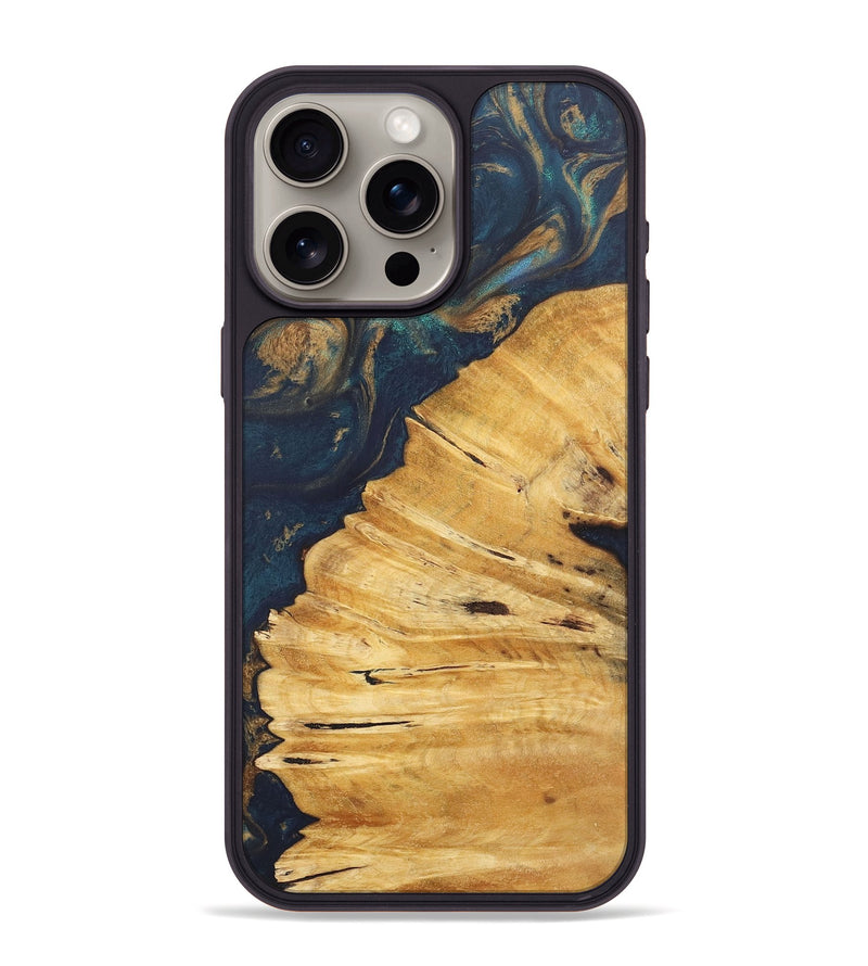 iPhone 15 Pro Max Wood+Resin Phone Case - Tamara (Teal & Gold, 715307)