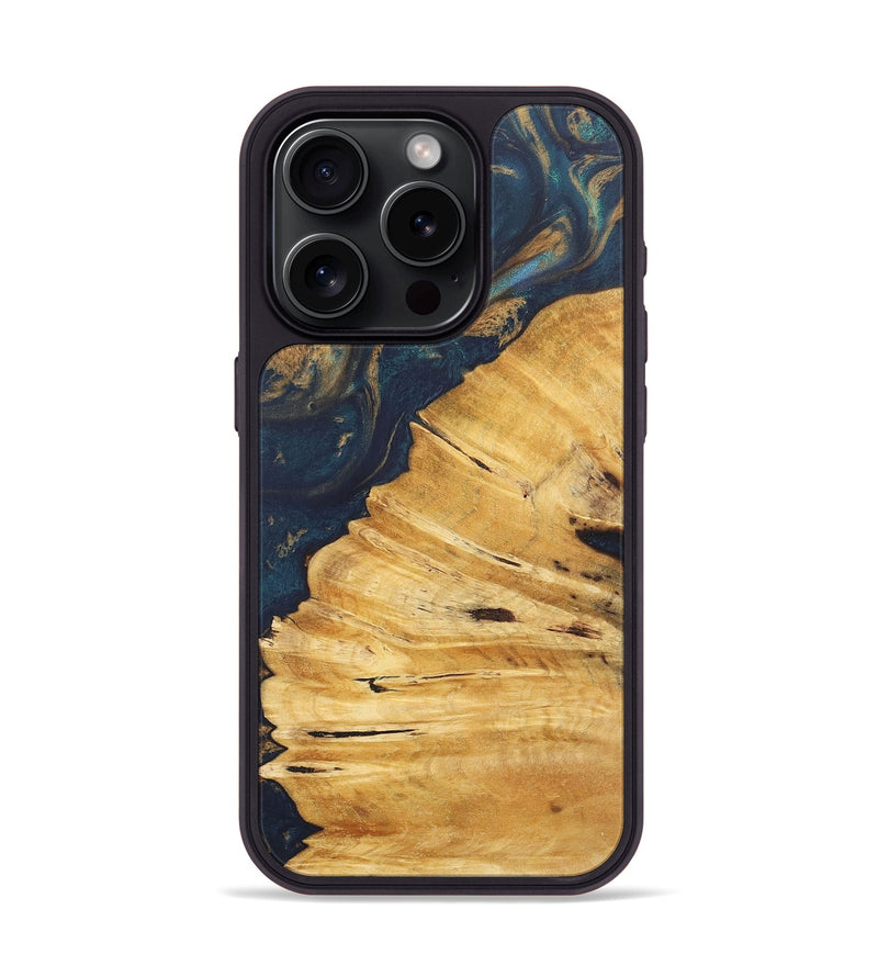 iPhone 15 Pro Wood+Resin Phone Case - Tamara (Teal & Gold, 715307)