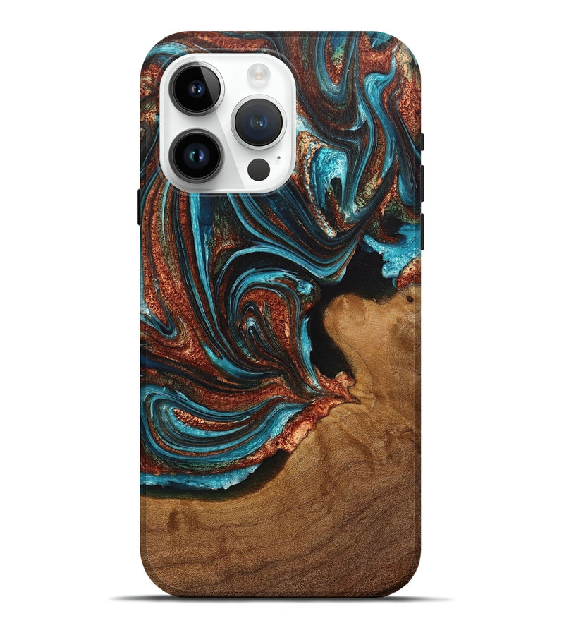 iPhone 15 Pro Max Wood+Resin Live Edge Phone Case - Catina (Teal & Gold, 715324)