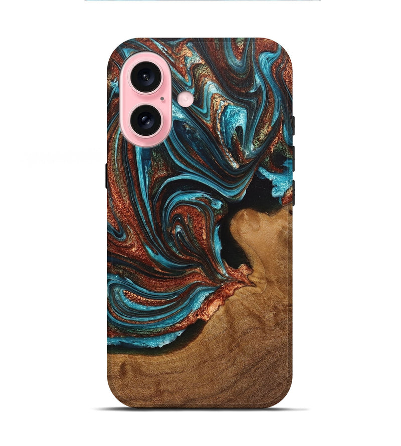 iPhone 16 Wood+Resin Live Edge Phone Case - Catina (Teal & Gold, 715324)