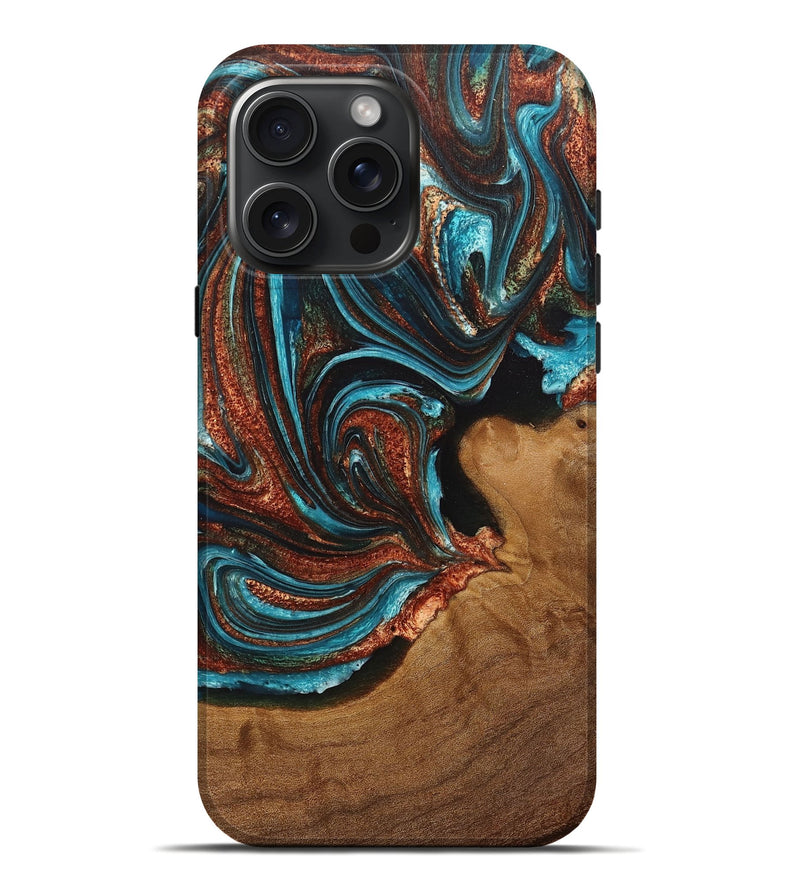 iPhone 16 Pro Max Wood+Resin Live Edge Phone Case - Catina (Teal & Gold, 715324)