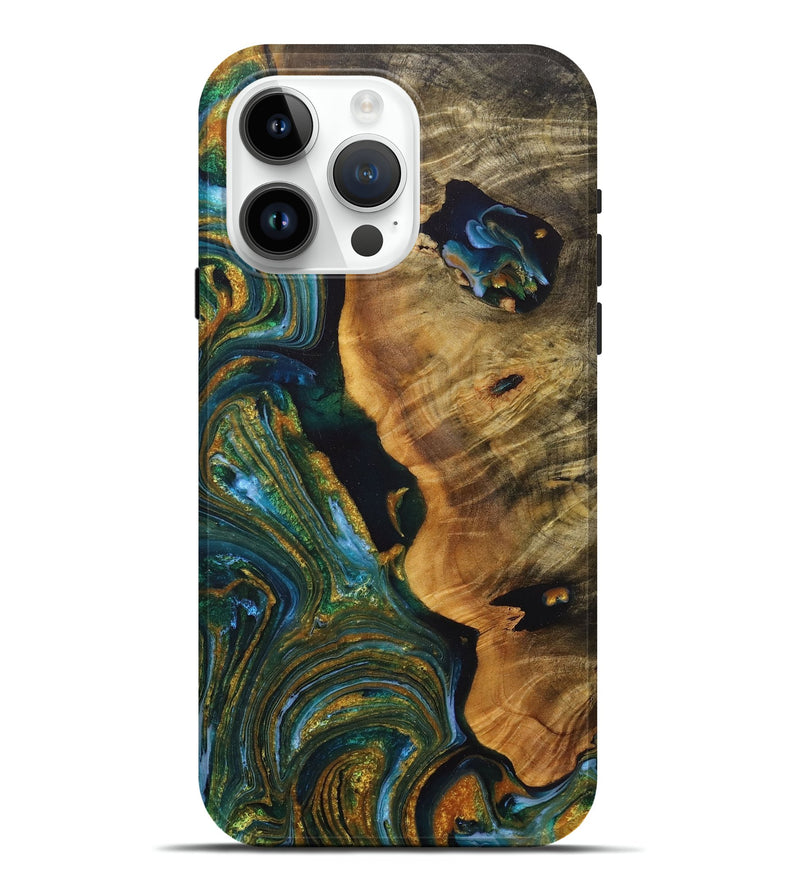 iPhone 15 Pro Max Wood+Resin Live Edge Phone Case - Gertrude (Teal & Gold, 715325)