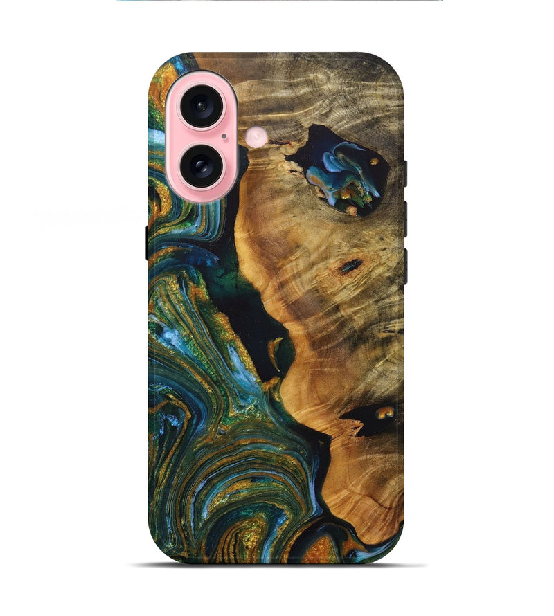 iPhone 16 Wood+Resin Live Edge Phone Case - Gertrude (Teal & Gold, 715325)