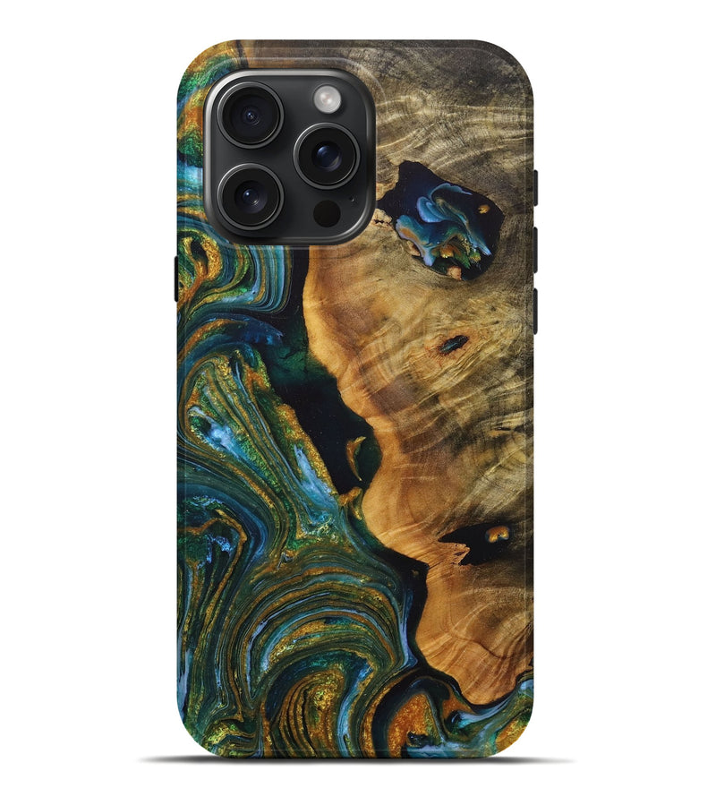 iPhone 16 Pro Max Wood+Resin Live Edge Phone Case - Gertrude (Teal & Gold, 715325)