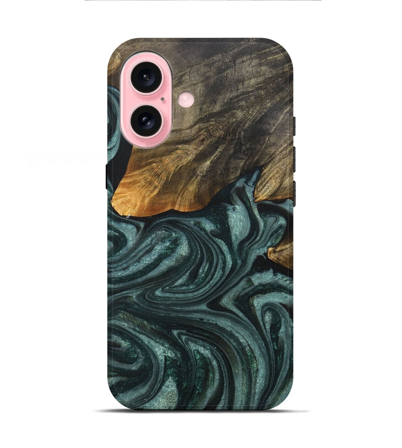 iPhone 16 Wood+Resin Live Edge Phone Case - Natalia (Green, 715360)