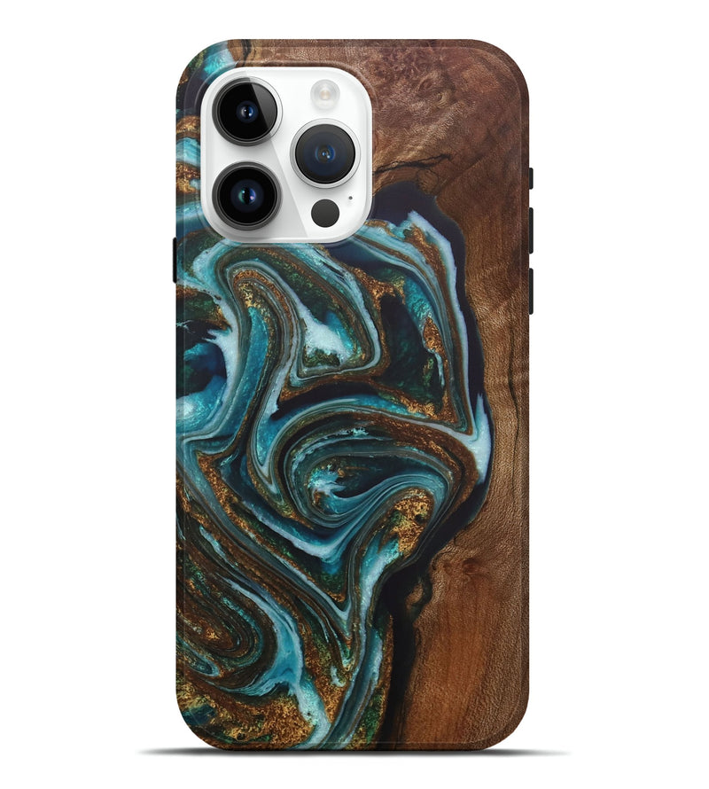 iPhone 15 Pro Max Wood+Resin Live Edge Phone Case - Carolyn (Teal & Gold, 715813)