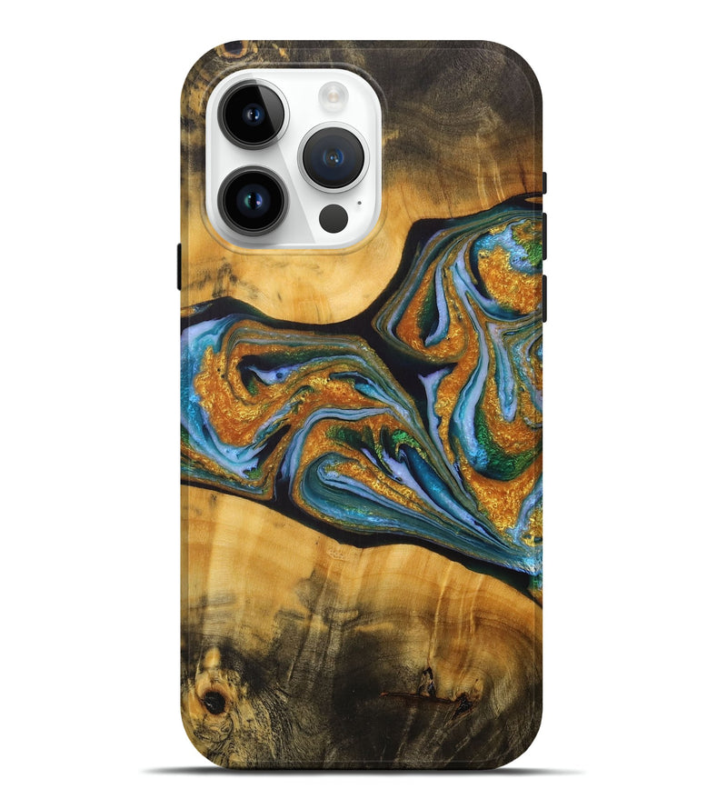 iPhone 15 Pro Max Wood+Resin Live Edge Phone Case - Abigail (Teal & Gold, 715816)