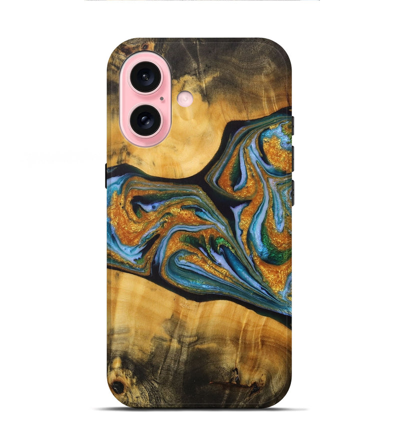 iPhone 16 Wood+Resin Live Edge Phone Case - Abigail (Teal & Gold, 715816)