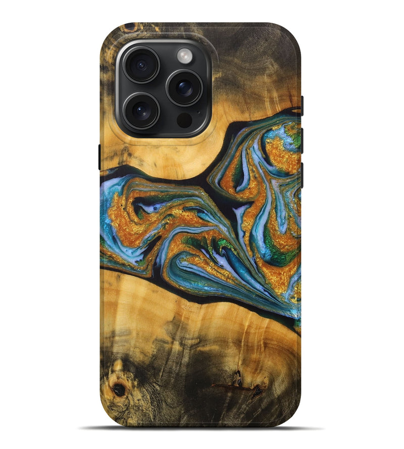 iPhone 16 Pro Max Wood+Resin Live Edge Phone Case - Abigail (Teal & Gold, 715816)