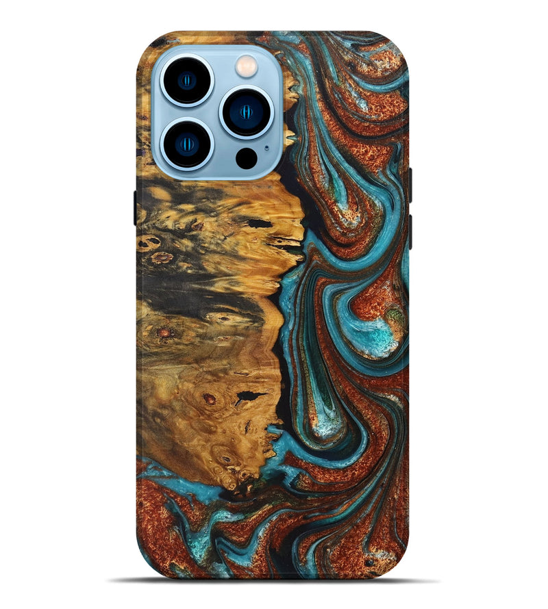 iPhone 14 Pro Max Wood+Resin Live Edge Phone Case - Ezekiel (Teal & Gold, 716079)