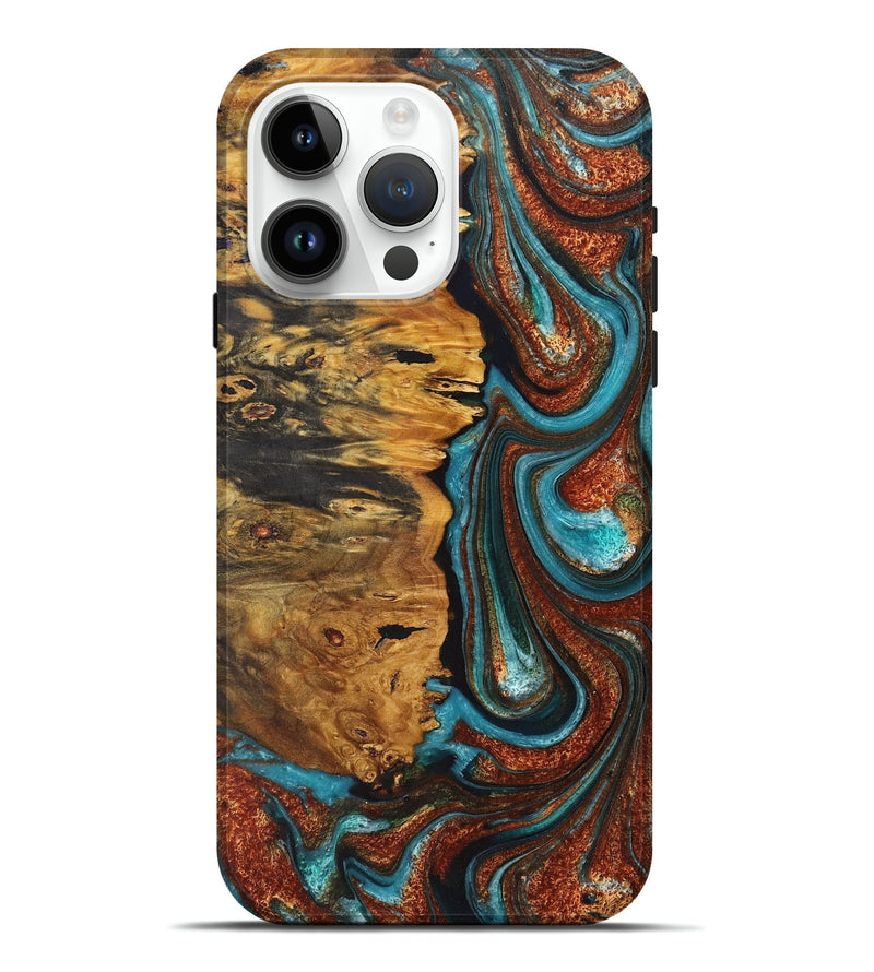 iPhone 15 Pro Max Wood+Resin Live Edge Phone Case - Ezekiel (Teal & Gold, 716079)