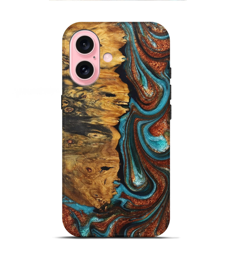 iPhone 16 Wood+Resin Live Edge Phone Case - Ezekiel (Teal & Gold, 716079)