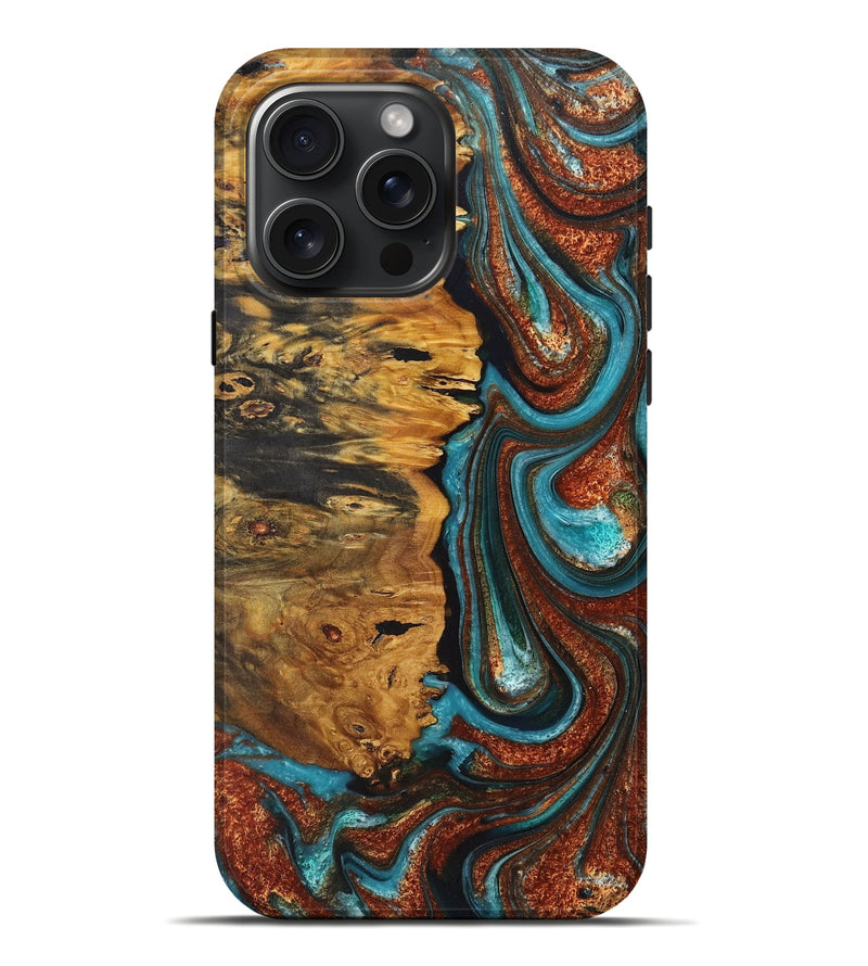 iPhone 16 Pro Max Wood+Resin Live Edge Phone Case - Ezekiel (Teal & Gold, 716079)