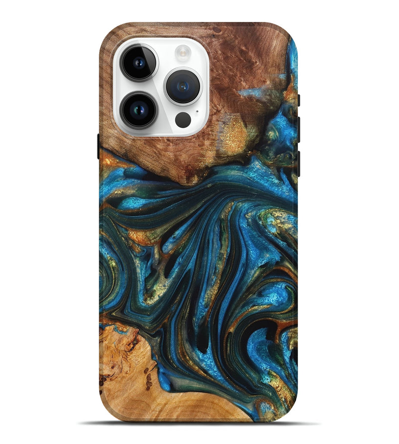 iPhone 15 Pro Max Wood+Resin Live Edge Phone Case - Curtis (Teal & Gold, 716113)