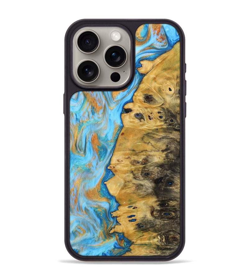 iPhone 15 Pro Max Wood+Resin Phone Case - Josiah (Teal & Gold, 716204)