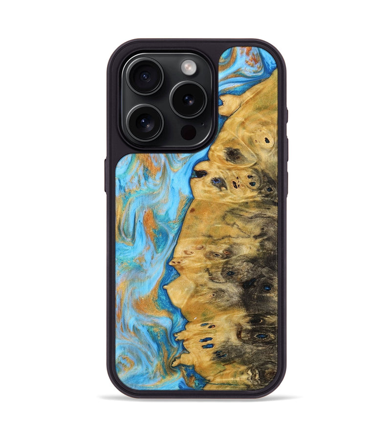 iPhone 15 Pro Wood+Resin Phone Case - Josiah (Teal & Gold, 716204)