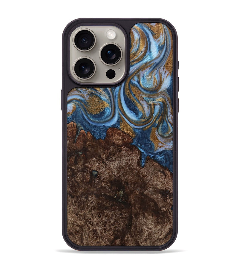 iPhone 15 Pro Max Wood+Resin Phone Case - Dawson (Teal & Gold, 716211)