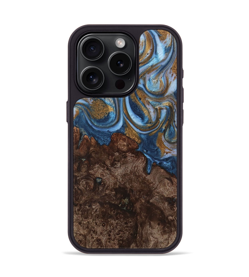 iPhone 15 Pro Wood+Resin Phone Case - Dawson (Teal & Gold, 716211)