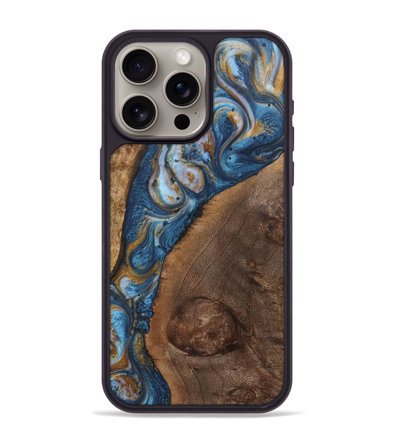 iPhone 15 Pro Max Wood+Resin Phone Case - Tyler (Teal & Gold, 716212)