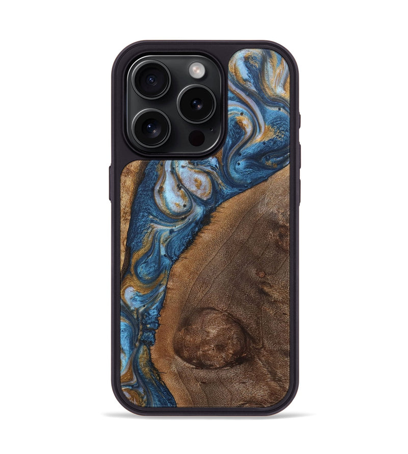 iPhone 15 Pro Wood+Resin Phone Case - Tyler (Teal & Gold, 716212)