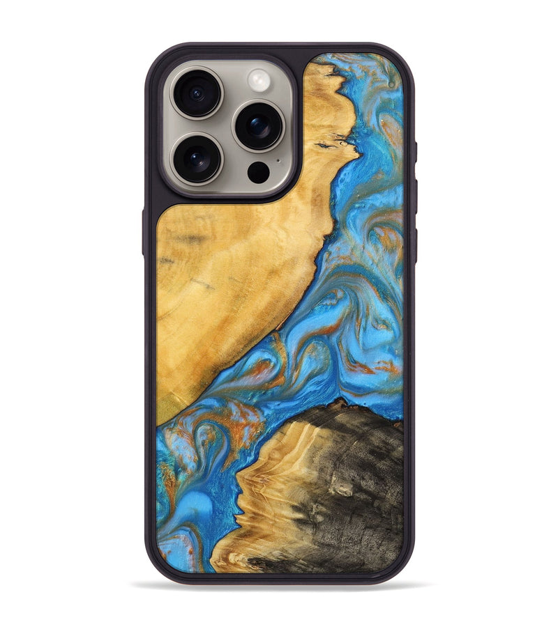 iPhone 15 Pro Max Wood+Resin Phone Case - Nikki (Teal & Gold, 716215)