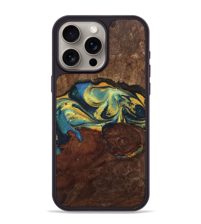 iPhone 15 Pro Max Wood+Resin Phone Case - Carl (Teal & Gold, 716216)