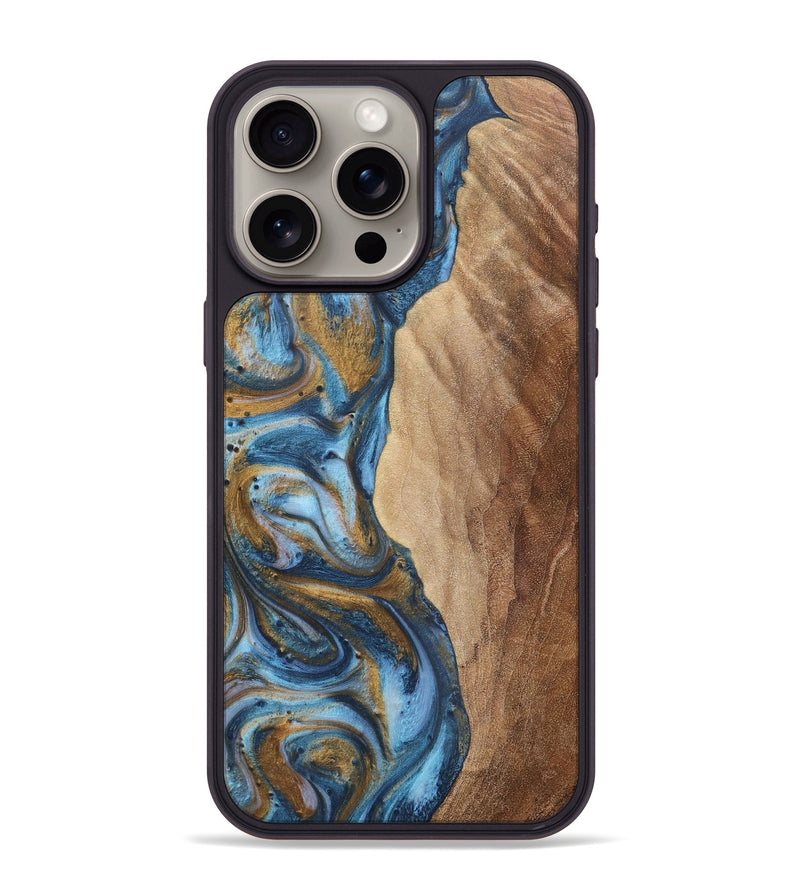 iPhone 15 Pro Max Wood+Resin Phone Case - Jamal (Teal & Gold, 716220)