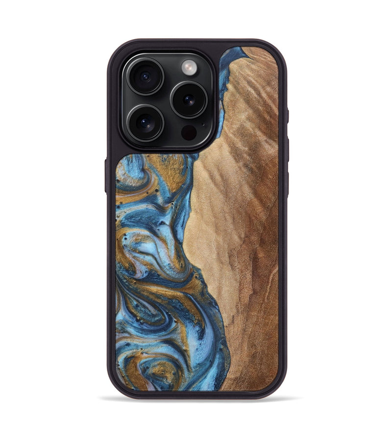 iPhone 15 Pro Wood+Resin Phone Case - Jamal (Teal & Gold, 716220)