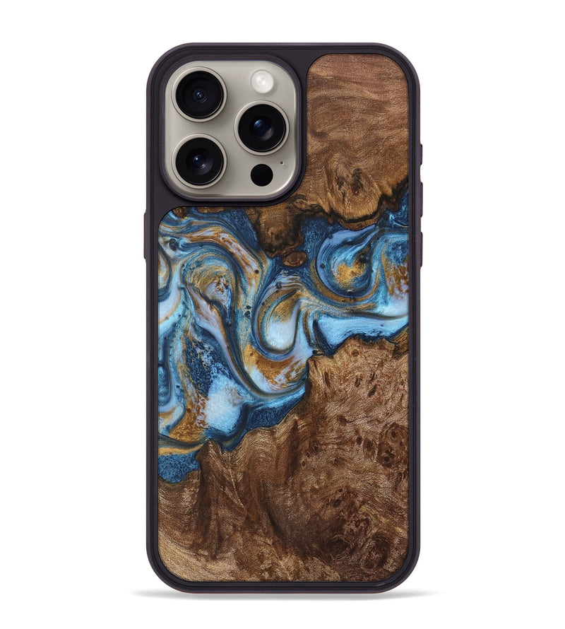 iPhone 15 Pro Max Wood+Resin Phone Case - Nayeli (Teal & Gold, 716224)