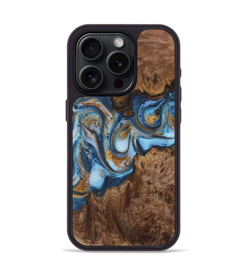 iPhone 15 Pro Wood+Resin Phone Case - Nayeli (Teal & Gold, 716224)