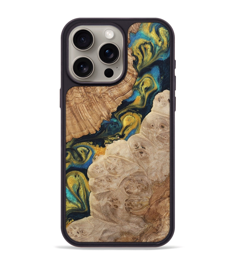 iPhone 15 Pro Max Wood+Resin Phone Case - Phyllis (Teal & Gold, 716228)