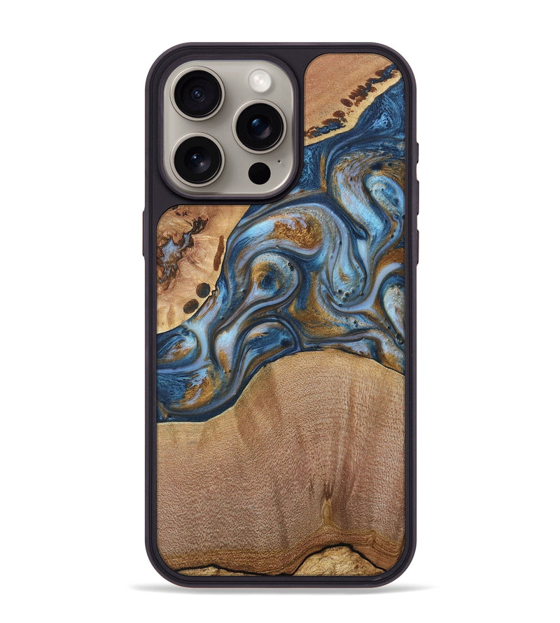 iPhone 15 Pro Max Wood+Resin Phone Case - Randi (Teal & Gold, 716231)