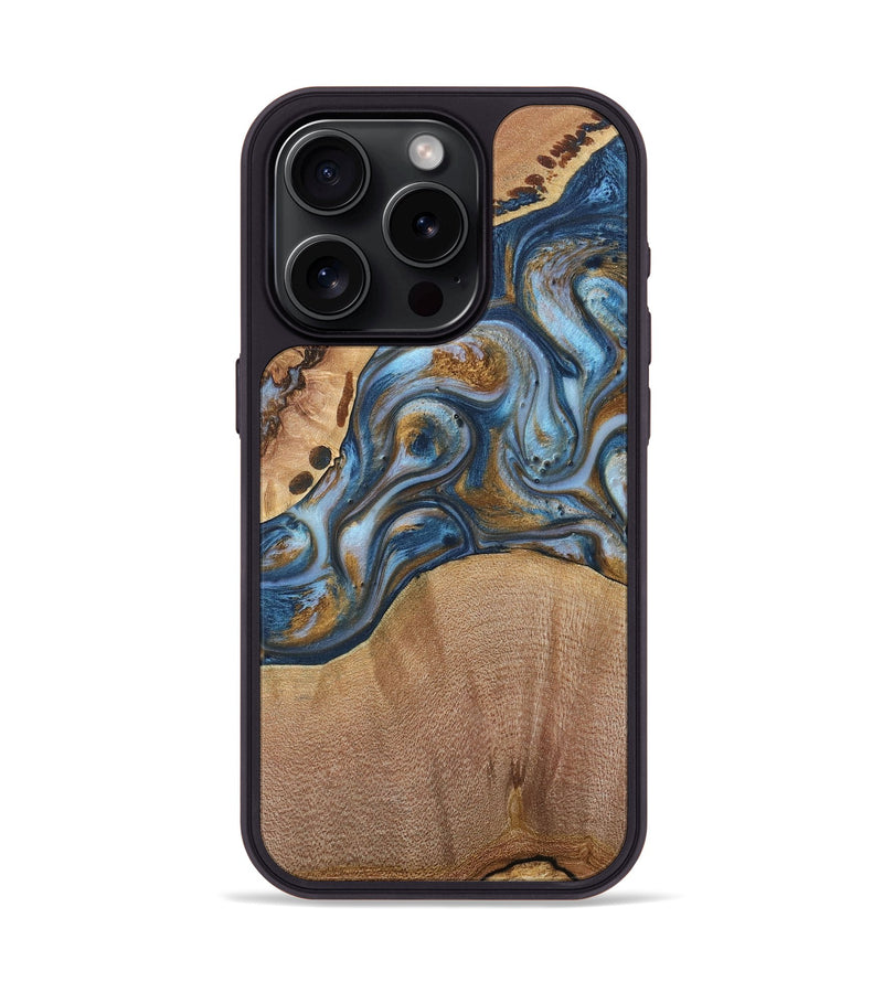 iPhone 15 Pro Wood+Resin Phone Case - Randi (Teal & Gold, 716231)