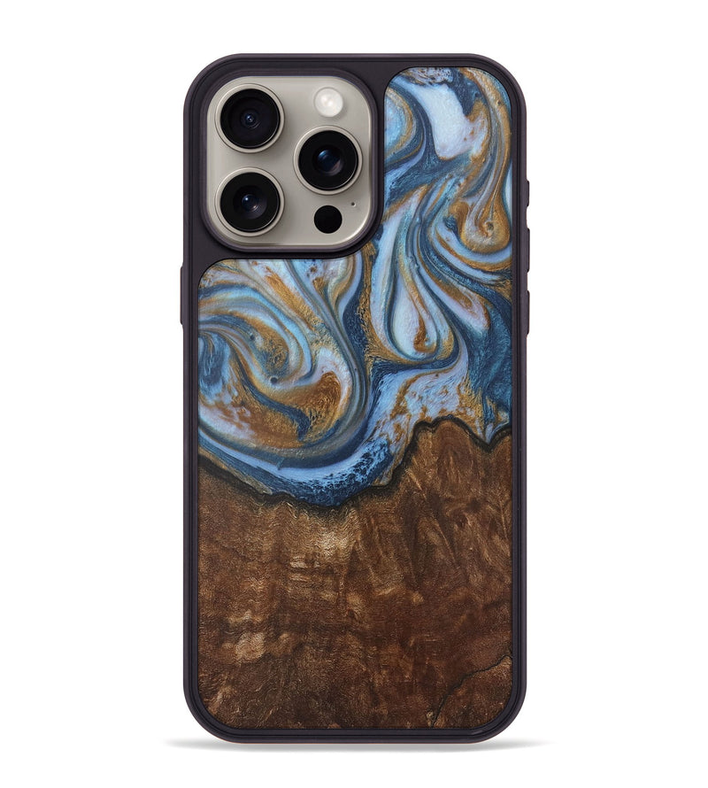 iPhone 15 Pro Max Wood+Resin Phone Case - Aleah (Teal & Gold, 716232)