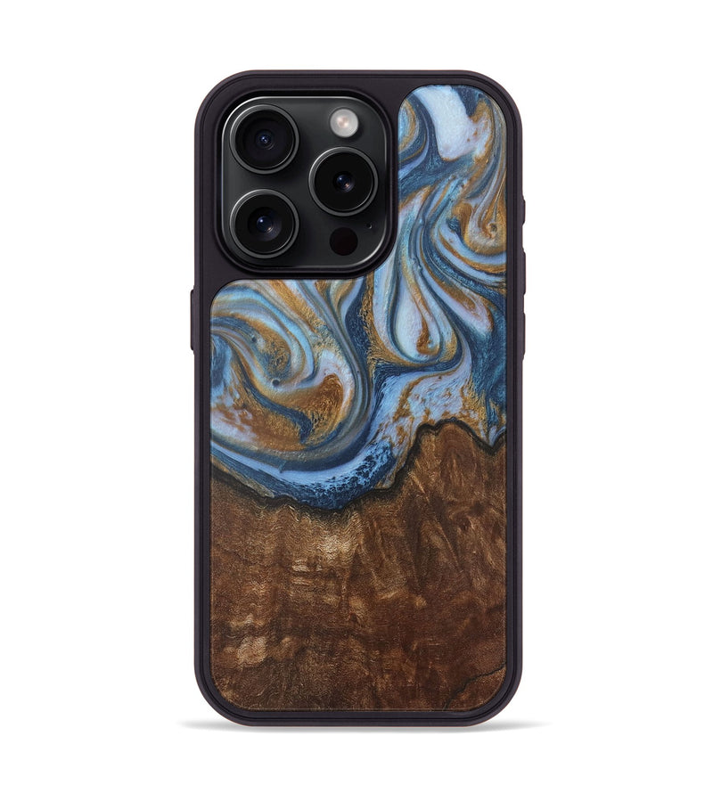 iPhone 15 Pro Wood+Resin Phone Case - Aleah (Teal & Gold, 716232)